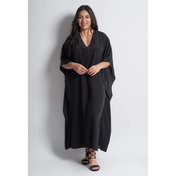 OCEAN + MAIN Black Silk V-Neck Placket Long Caftan Sz 2X - Picture 1 of 12